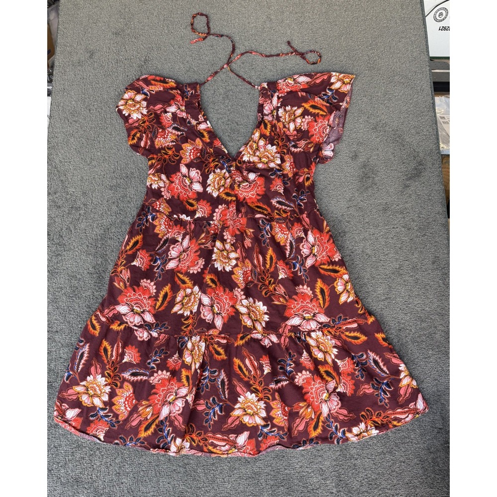 Old Navy Womens Small Burgundy Floral Flutter Sleeve Tiered Fit & Flare Dress
